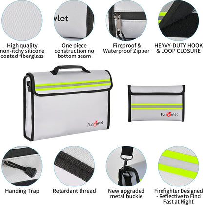 Fireproof Waterproof Money Document Bag - Large Fireproof Safe Box with Wallet Protector, Fire & Water Resistant Storage Organizer Pouch for A4 Documents Holder,File,Jewelry,Passport,Laptop (Gray)
