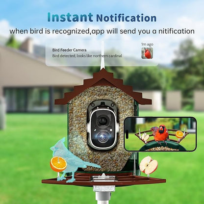 Smart Bird Feeder with Camera Solar Powered & AI Bi rd Identification, 2.4Ghz WiFi Bird feeders for Outdoors, 2K Live Video, Nstant Arrival Alerts - Dark red-Green