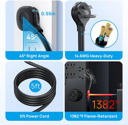 TROND Surge Protector Power Strip, 5ft Flat Plug Extension Cord with Multiple Outlets, 22 Widely Spaced AC with USB Ports, 4000 Joules, Heavy Duty, Wall Mount, Under Desk, ETL Listed, Black