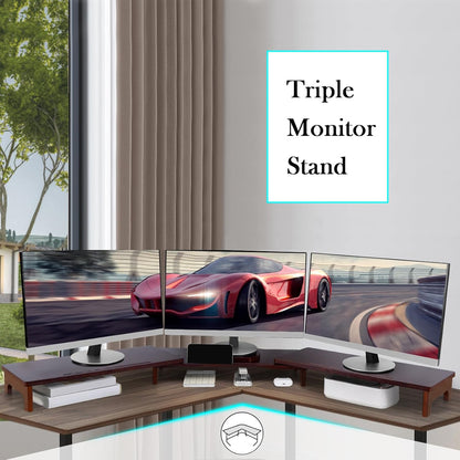 Nnewvante Large Dual Monitor Stand Riser, 60 inch Bamboo Monitor Stand with Adjustable Length and Angle, 3 Shelves Desktop Screen Riser for Computer Laptop PC, Walnut