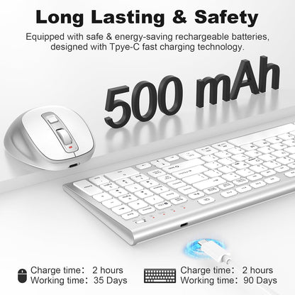 FENIFOX Wireless Keyboard and Mouse, Ergonomic Rechargeable Silent Quiet Slim Compact Full-Size USB C with Number Pad Flat Soft Cover for PC Computer Laptop Mac MacBook iMac TV Windows - Silver White