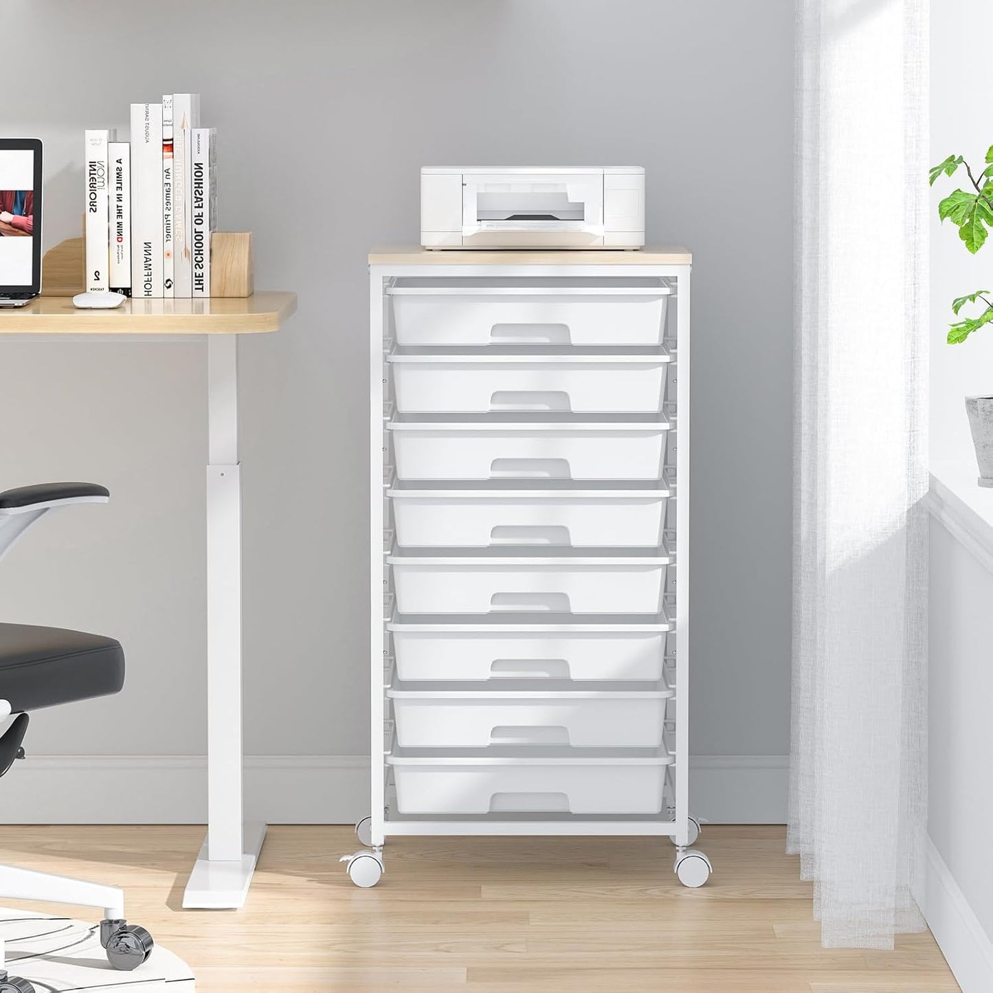 Rolling Storage Cart with Drawers,Utility Cart With 8 Drawers and Wooden Tabletop,Rolling Drawer Cart,Storage Drawer Cart for Living Room,Classroom,Bedroom,Bathroom,Dorm,Office,White