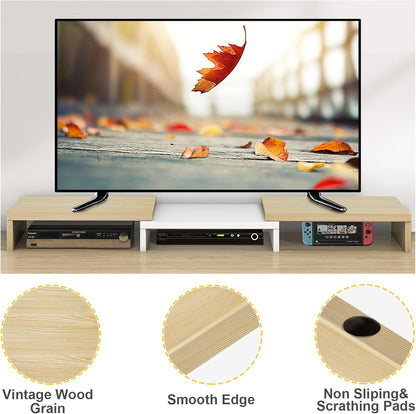 TAVR Dual Monitor Stand Riser, Computer Monitor Stands for 2 Monitors, Extra Long Multifunctional Desktop Organizer Riser for Computer, Laptop, PC, Printer, TV, Max 48.2" Length, Oak