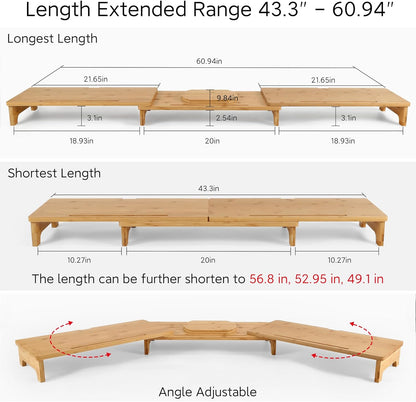 Nnewvante Monitor Stand Riser, 60 inch Large Bamboo Dual Monitor Stand for Desk, 3 Shelves Desktop Screen Riser with Adjustable Length Angle for Computer Laptop PC