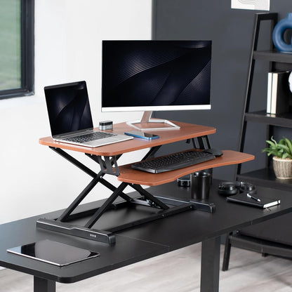 VIVO 32 inch Desk Converter, K Series, Height Adjustable Sit to Stand Riser, Dual Monitor and Laptop Workstation with Wide Keyboard Tray, Dark Walnut Top, Black Frame, DESK-V000KA