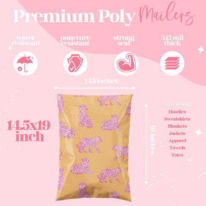 14.5x19 Designer Poly Mailer 100 Pack Heavy Duty Waterproof Self Seal Shipping Bags for Small Business Large Mailing Envelopes Bulk Tear Resistant Packaging Pink Orange Leopard