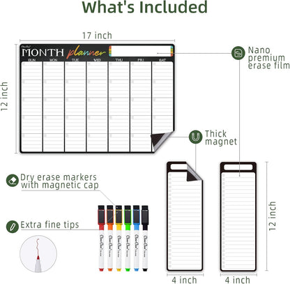 Magnetic Dry Erase Monthly Calendar - 17"x12" Monthly Calendar for Fridge - 4"x12" List Board 2 Pcs - 6 Extra Fine Point Markers Included - Shipped Flat