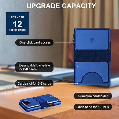 Slim Wallet for Men Aluminum Minimalist Pop Up Card Holder with RFID Blocking Protection Expandable Backplate Cash Band for Boyfriend/Dad/Friend,Holds 12+ Credit Card & Business Cards,Blue