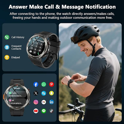IOWODO Military Smart Watch for Men -100-Day Long Battery Life,Fitness Tracker with LED Flashlight/Compass,Heart Rate Monitor,120+ Sports Modes,IP68 Waterproof,Bluetooth Call Smartwatch for iOSAndroid