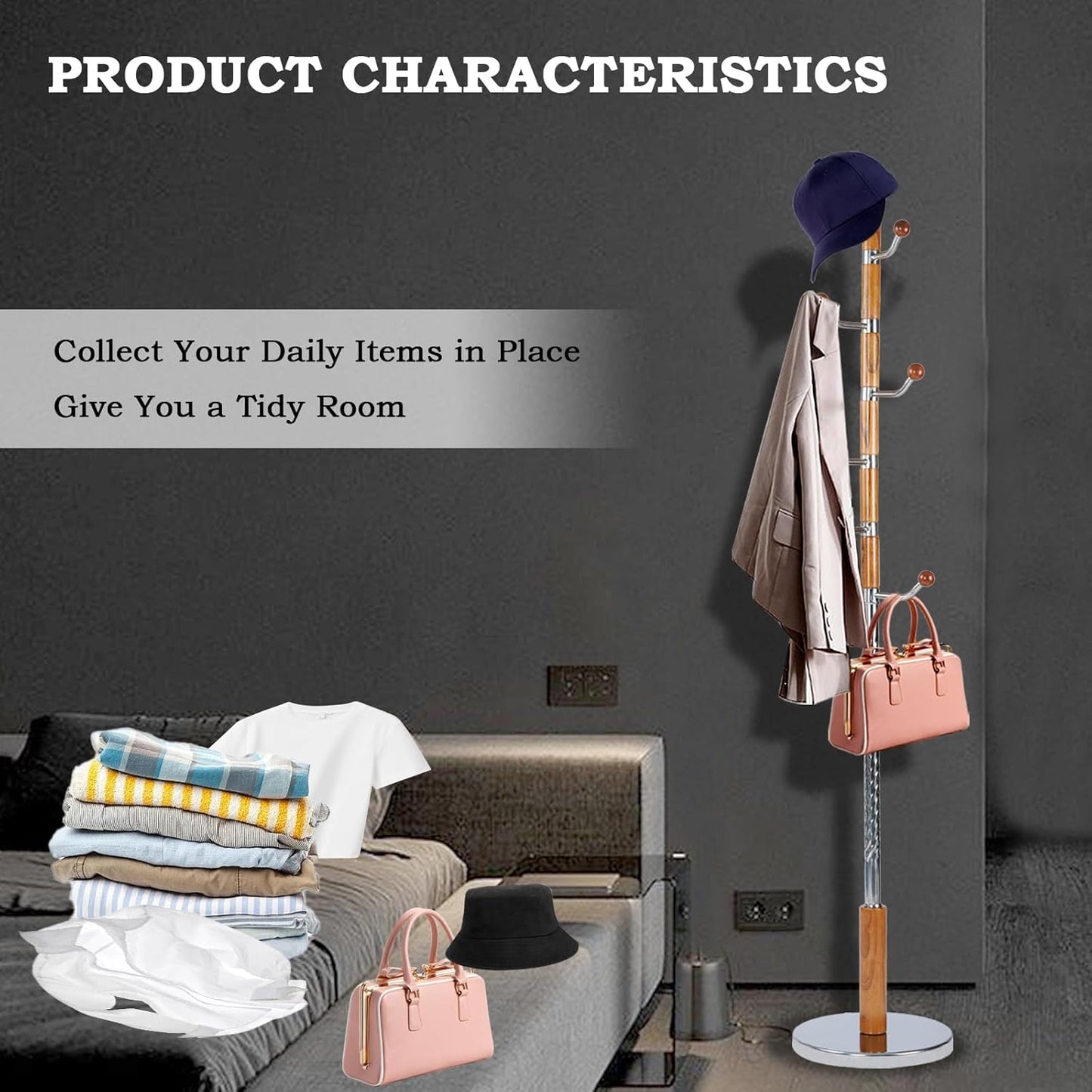 Coat Racks FreeStanding with 14 Hooks, Natural Wood Coat Rack with Solid Round Base, Adjustable Height Coat Racks, Easy Assembly for Hallway, Bedroom and Office (Solid Wood Metal Hook)