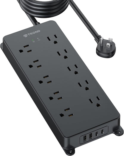 TROND Power Strip Surge Protector, Flat Plug 15ft Long Extension Cord, 10 Widely Spaced AC Outlets, 2 USB A & 2 USB C Ports, 4000J, ETL Listed, Wall Mountable, for Home Office Entertainment, Black