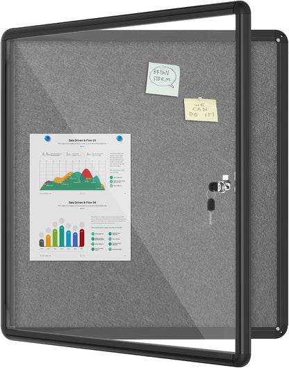 28"x26" Enclosed Bulletin Board, Lockable Weather-Resistant Aluminum Cork Noticeboard for School & Office, Black Frame w/Grey Flet