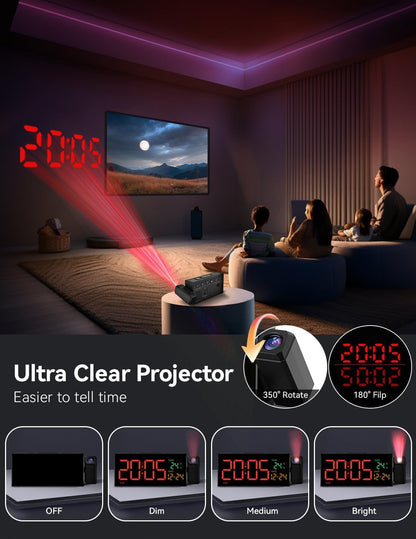 Netzu Projection Clock for Bedroom Ceiling, Alarm Clocks with 180° Rotatable Projector, Date Temperature and Weekday, Manual DST, 5 Brightness, 10 Ringtones, 4 Volumes and Snooze