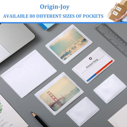 Origin-Joy 60 PCS Self Adhesive Index Card Pockets with Top Open, Clear Plastic Label Holder for Cards of Note, Library and Business, Adhesive Label Pockets & Card Holder (1.75 x 4 inch)