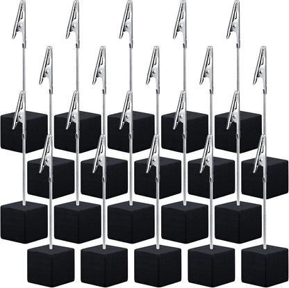 20 Pcs Cube Base Memo Clip Holder with Alligator Clip Wood Table Number Holder Cube Base Place Card Stand Mini Photo Menu Stand for Displaying Number Card(Black)