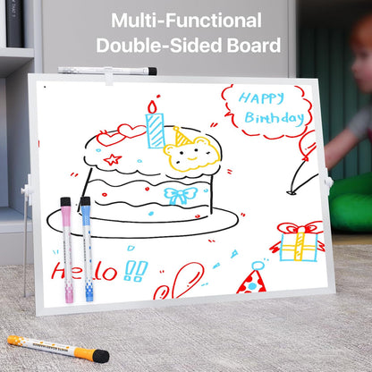 Dry Erase White Board with Stand,Double-Sided Whiteboard 12"x16", 10 Markers,6 Magnets, 1 Eraser,Portable Desktop Whiteboard for Planning,Colorful Weekly Schedule Board for School for Home