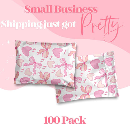 10x13 Designer Poly Mailer 100 Pack Heavy Duty Waterproof Self Seal Shipping Bags for Small Business Large Mailing Envelopes Bulk Tear Resistant Packaging Coquette Bows Hearts