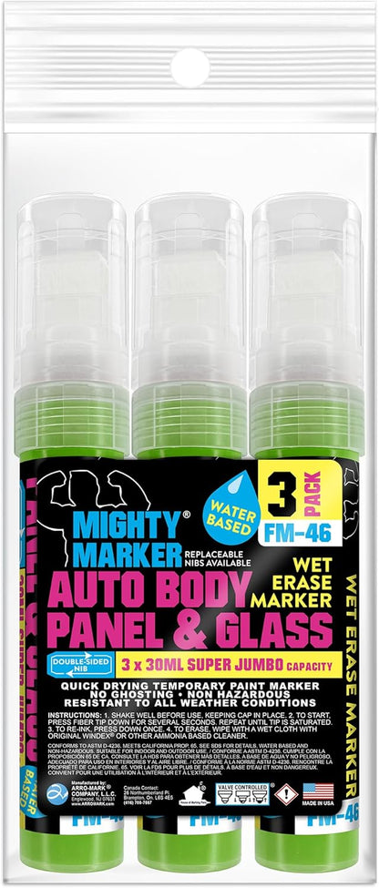 FM-46 Auto Body and Glass Super Jumbo Paint Marker, No-Ghost Formula, Water-Resistant, Valve Action, Removable, Water-Based, 30ml Capacity, Made in USA, Fl. Green 3 Pack