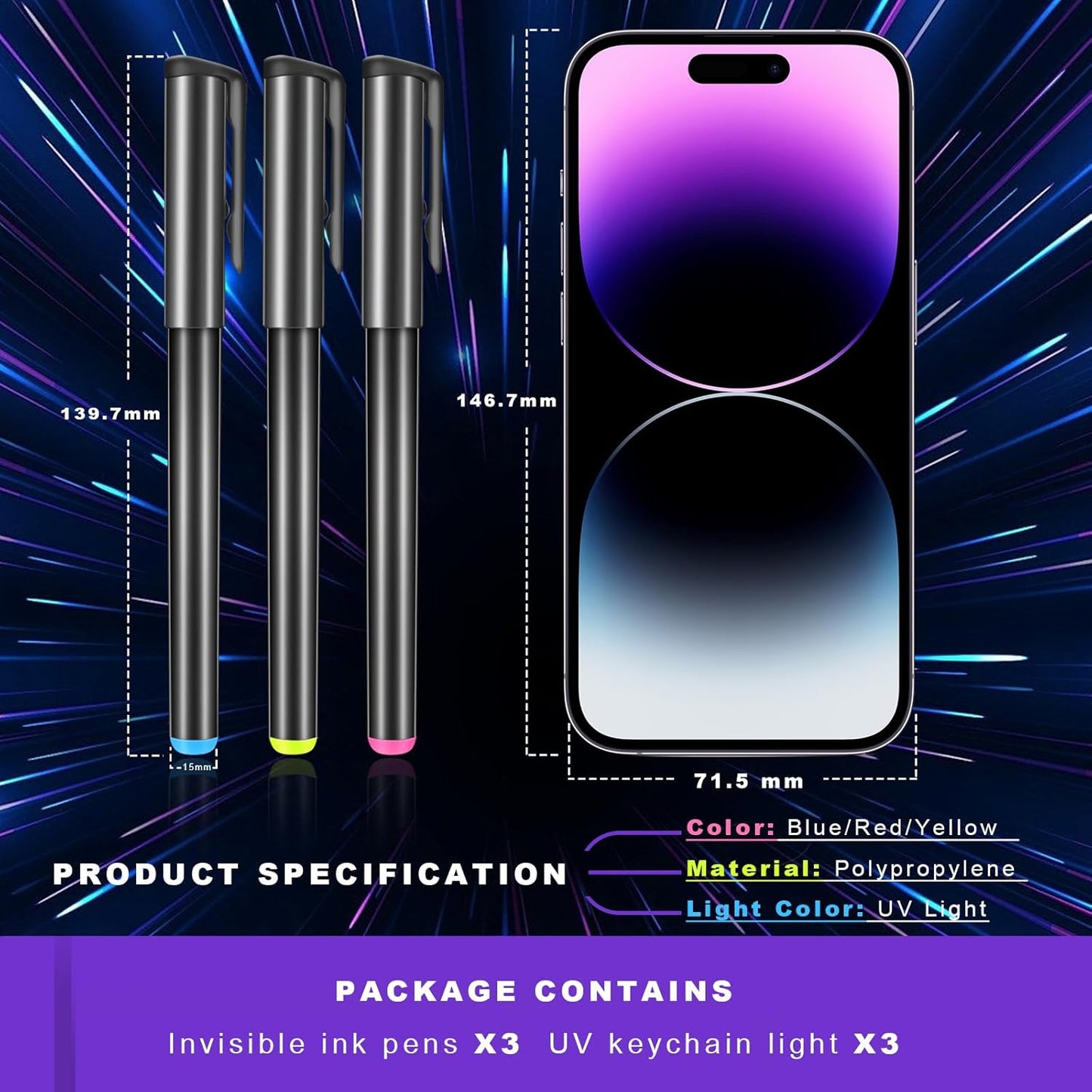 Invisible Ink Pen, Spy Pen with 3 PCS Mini UV LED Keychain Flashlight, Disappearing Ink Magic Pens with Black Light Markers for Secret Notes, Fit for Christmas Halloween Holiday Gifts (3 PCS)