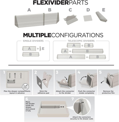 Practical Comfort FLEXIVIDER Aluminum Drawer Organizer - 9 Telescopic Dividers Set - Champagne
