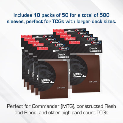 BCW Deck Guard Double Matte Card Sleeves – 500 Count (10 Packs of 50) – Acid-Free, No PVC – Fits 2.5" x 3.5" Game Cards – Archival Safe Card Protection – Brown