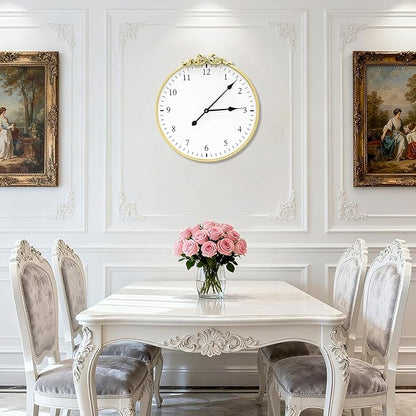 Large Vintage Gold Wall Clock, 20inch Decorative Round Wall Clocks with Bow Decor for Living Room, Retro Metal Battery Operated Clocks for Bedroom, Dining Room,Office