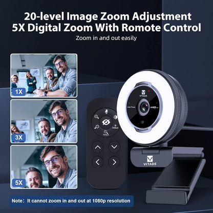 Zoomable Webcam with Remote Control, 1080P 60FPS Streaming with Ring Light and Microphone, Pro USB Webcam with 5X Digital Zoom and Privacy Cover for Zoom/Skype/Teams/PC/Laptop/Mac