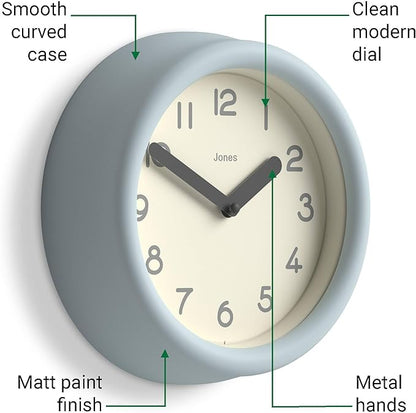JONES CLOCKS® Fuze Wall Clock | Small Round Clock | Pale Blue | Playful Modern Design with Soft sculptural Presence | Ideal for Kitchens Living Rooms Kid's bedrooms