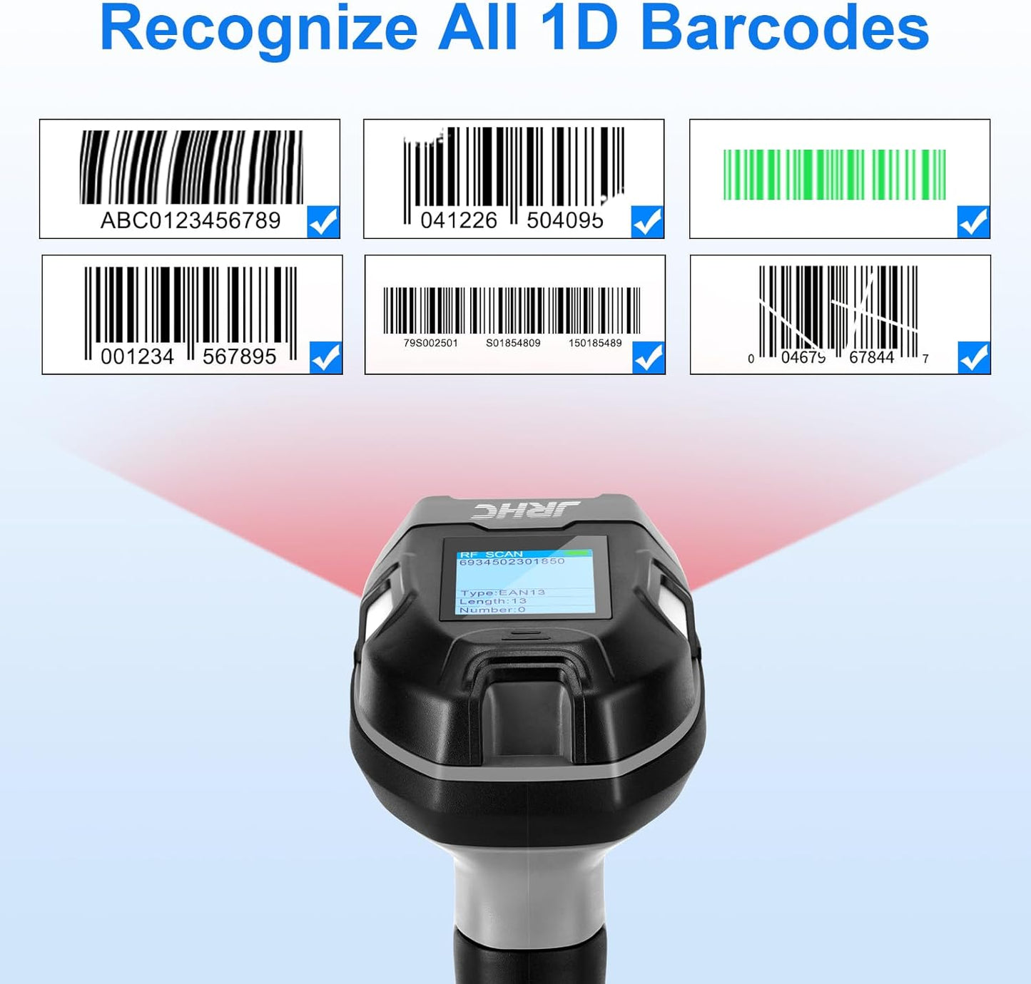Barcode Scanner Wireless, JRHC Industrial 1D Laser Bar Code Scanners 2 in 1 Plug and Play Rugged Heavy Duty & IP65 Waterproof, Long-Distance Wireless Handheld Barcode Reader with 1.8" Screen