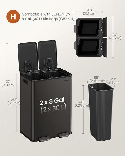 SONGMICS Trash Can, 2 x 8 Gallon (2 x 30 L) Dual-Compartment Garbage Can with Soft-Close Lid, Pedal and Inner Buckets, Stainless Steel, Includes 15 Liner Bags, Slate Gray ULTB741G01