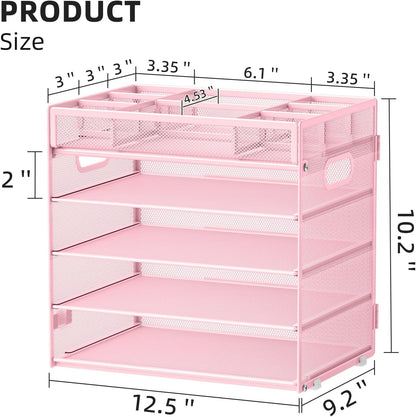 Marbrasse 5-Tier Letter Tray Paper Organizer with Handle, Multi-Functional Mesh File Organizer for Desk, Adjustable Compartments Mesh Desktop Storage for Office Supplies, Pink