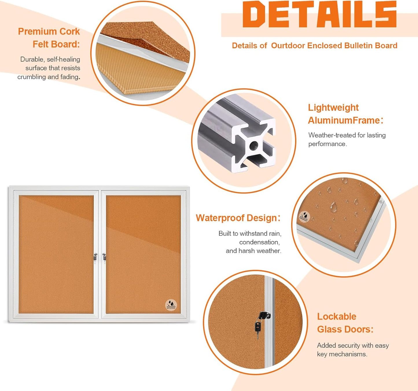 Outdoor Enclosed Cork Bulletin Board 44x32 Inch, Double Door Lockable Wall-Mounted Weatherproof Display Case, Tamperproof Notice Memo Poster Board with Aluminum Frame for Office, School, Community