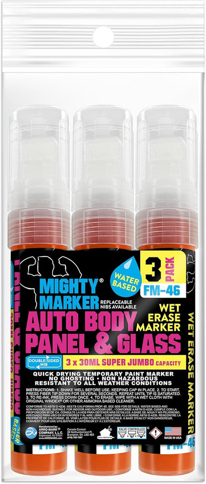FM-46 Auto Body and Glass Super Jumbo Paint Marker, No-Ghost Formula, Water-Resistant, Valve Action, Removable, Water-Based, 30ml Capacity, Made in USA, Fl. Orange 3 Pack