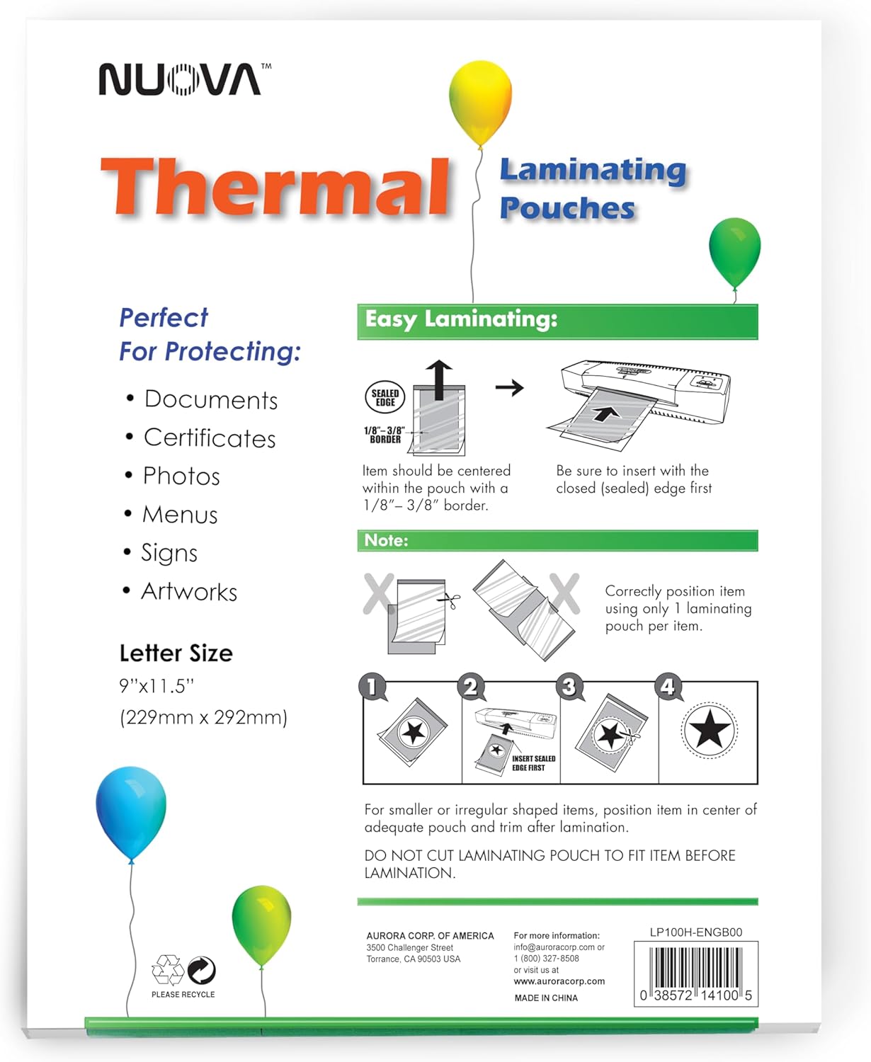 Nuova Premium Thermal Laminating Pouches 9" x 11.5", Letter Size, 3 mil, 100 Pack (LP100H)