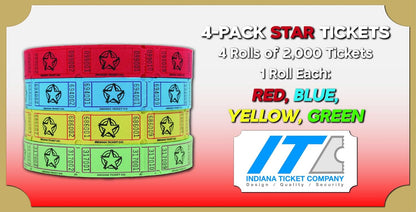 INDIANA TICKET CO. Raffle Roll Tickets Star - 2000 Tickets Each in Blue, Red, Yellow, & Green (8000 Total) 1x2 Tickets Admission, Events, Fundraisers, Prizes, Classroom Rewards, (Pack of 4)