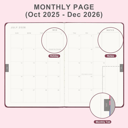 And Per Se 2026 Planner-Daily, Weekly & 15-Monthly Leather Hardcover Planner, 5.7" x 8", Daily Schedule, Monthly Tabs, 100 GSM Thick Paper, Back Pocket(Dark Red)