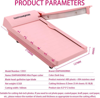 Guillotine Paper Trimmer, Mini Compact Paper Cutter, 1/4-Inch Grid for Precision Cutting, Straight Cuts Up to 3 Sheets, Perfect for Photos,Coupons,Card Making and Small Craft Projects (Pink)