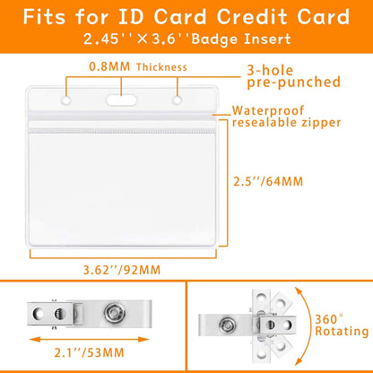 ID Badge Holder with Clip Clear Plastic Name Tag Holders Horizontal Ziplock Waterproof PVC ID Card Holder with Clip Straps(50 Pack, Horizontal 2.3X3.5)