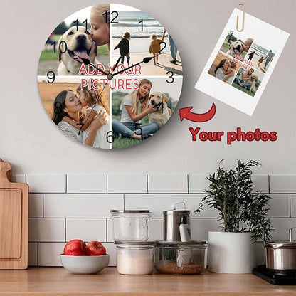 Custom 4 Picture Wall Clock, Personalized Round Clock add Your Photo for Kitchen Bedroom Living Room, Customized Christmas Valentine's Day Gift for Couples, Wife, Husband (10", 12", 14")