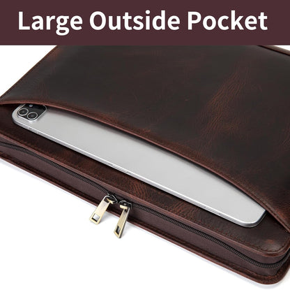 Personalized 3 Ring Binder Genuine Leather Portfolio, Front Pocket, Custom Engraved 8.5 x 11 Legal Pad Laptop Organizer for Men Women, Zippered Business Work Padfolio, Dark Brown, Oil Tanned