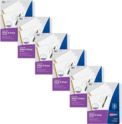 Avery Big Tab Write & Erase Dividers for 3 Ring Binders, 5-Tab Sets, 6 Binder Divider Sets (33075)