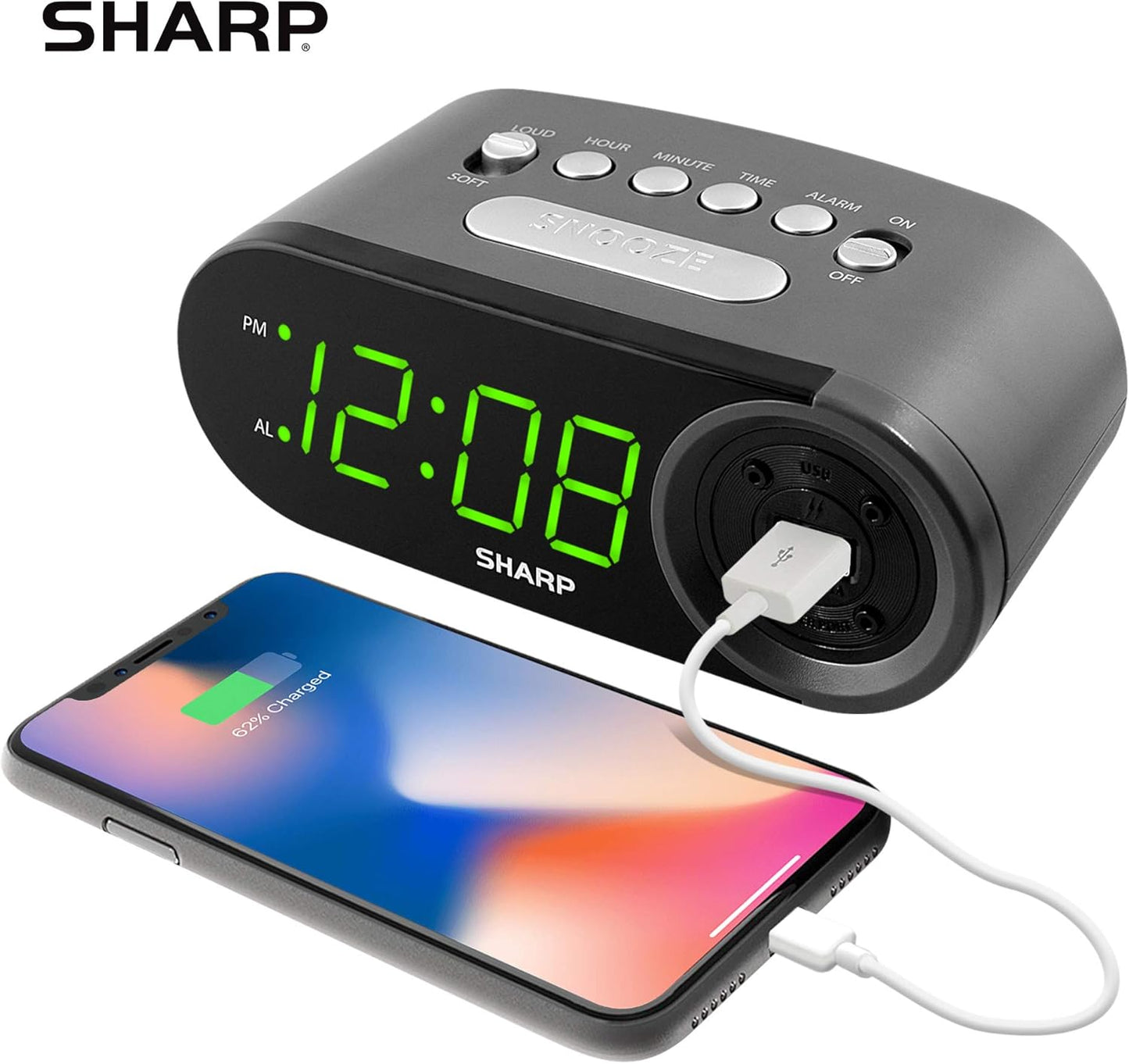Sharp Digital Easy to Read Alarm Clock with 2 AMP High-Speed USB Charging Power Port - Charge Your Phone, Tablet with a high Speed Charge! Simple, Easy to Use Operation, Black – Green LEDs