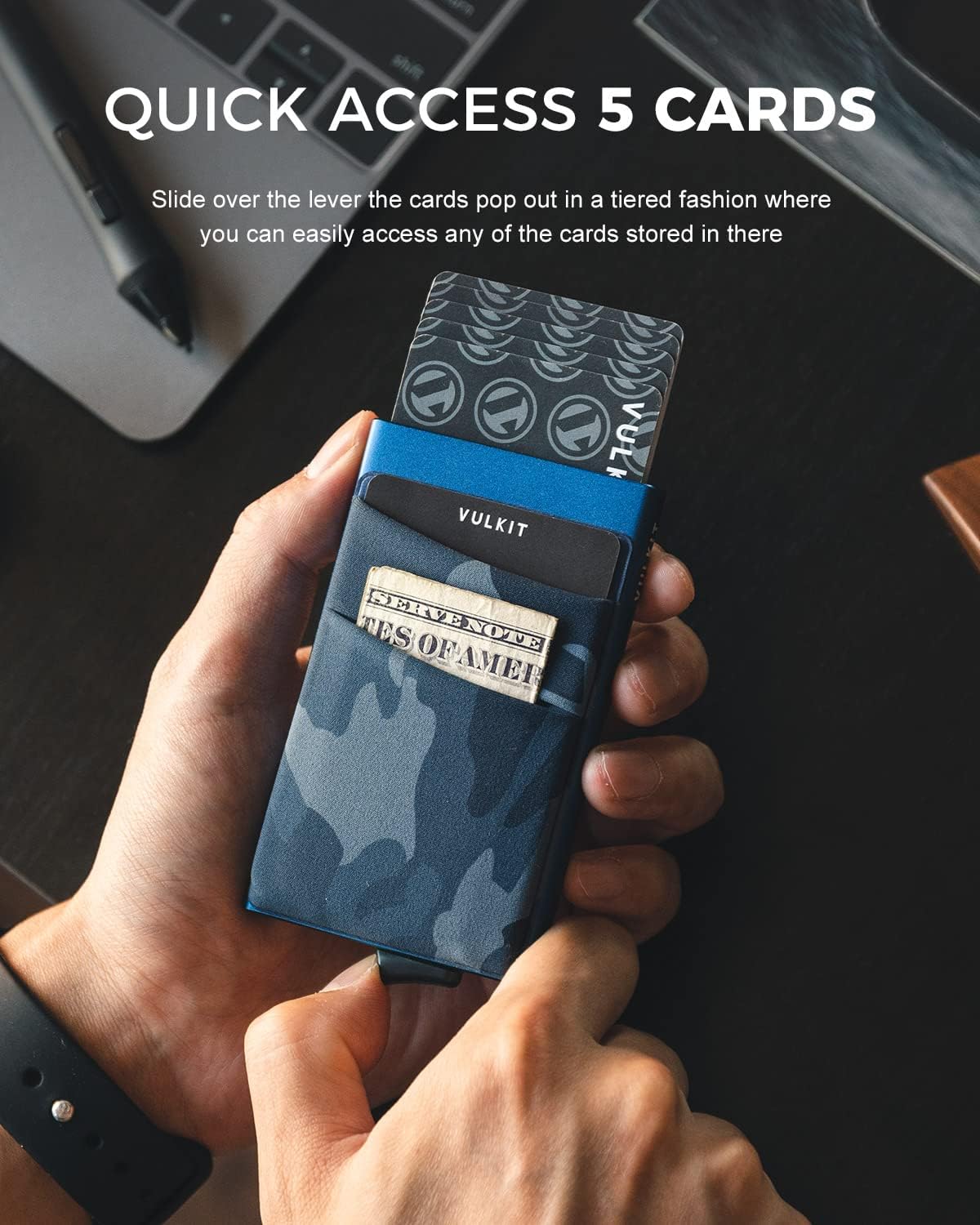 VULKIT Card Holder with Money Pocket Pop Up Wallet RFID Blocking Slim Metal Bank Card Case Holds 5 Cards and Notes