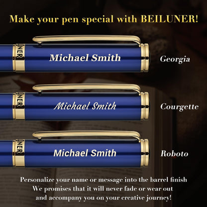 BEILUNER Personalized Blue Lacquer Gel Pen - Stunning Luxury Pen with 24K Gold Finish, ADMOK Black Refill, Executive Gift Set for Family & Friends, Writing, Fancy, Office, Retractable Pens