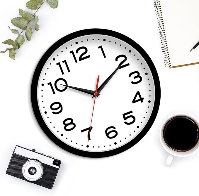 Wall Clock 10 Inch Silent Non-Ticking Modern Clock Battery Operated Classic Simple Minimalist Analog Decorative for Kitchen, Living Room,Office, Bedroom, Bathroom (Black)