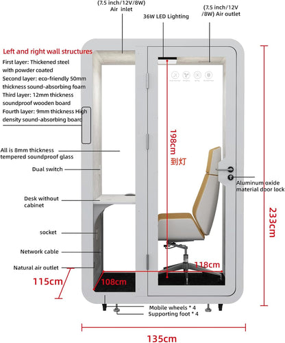 GEARONIC Solo Office Sound Booth Pod Audio Privacy, Mobile Roller with Desk, LED Light, Fans and AC USB Ports (Black Obsidian)
