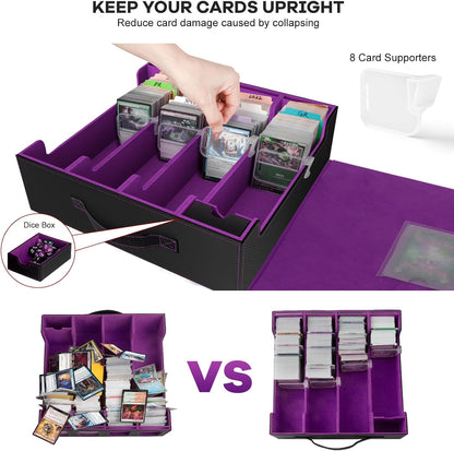 Trading Card Storage Box - 3200+ MTG Deck Box with Commander Display & Portable Handle, 4-Row Card Case Compatible for MTG/TCG/Magic Cards, 30 Colorful Divider, 8 Card Supporters (Black & Purple)