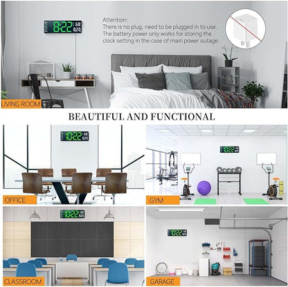 Digital Clock, Digital Wall Clock for Living Room Decor, Desk Alarm Clock for Bedroom, Large Wall Clock with Remote Control, Automatic Brightness Dimmer LED Clock with Date Temperature Week (Green-B)