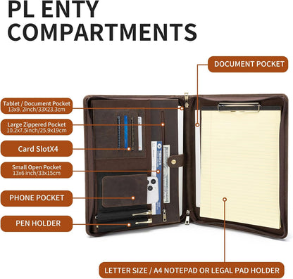 Handmade Vintage Crazy Horse Leather Portfolio Letter (A4) Size Notepad,Business Organizer Padfolio with Handle, for iPad Pro/Microsoft Surface Pro/13 inch Tablet (Custom,Dark Khaki)