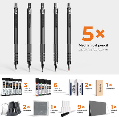 25PCS Art Mechanical Pencil Set, 3PCS Metal lead pencil 0.5, 0.7, 0.9, 2PCS 2mm Drawing Pencil (HB 2H 2B 4B Color) with 392PCS Graphite Leads, Eraser with Case for Drafting Drawing Writing